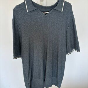 The Commons - Navy Textured Jacquard Johnny Collar Sweater Polo